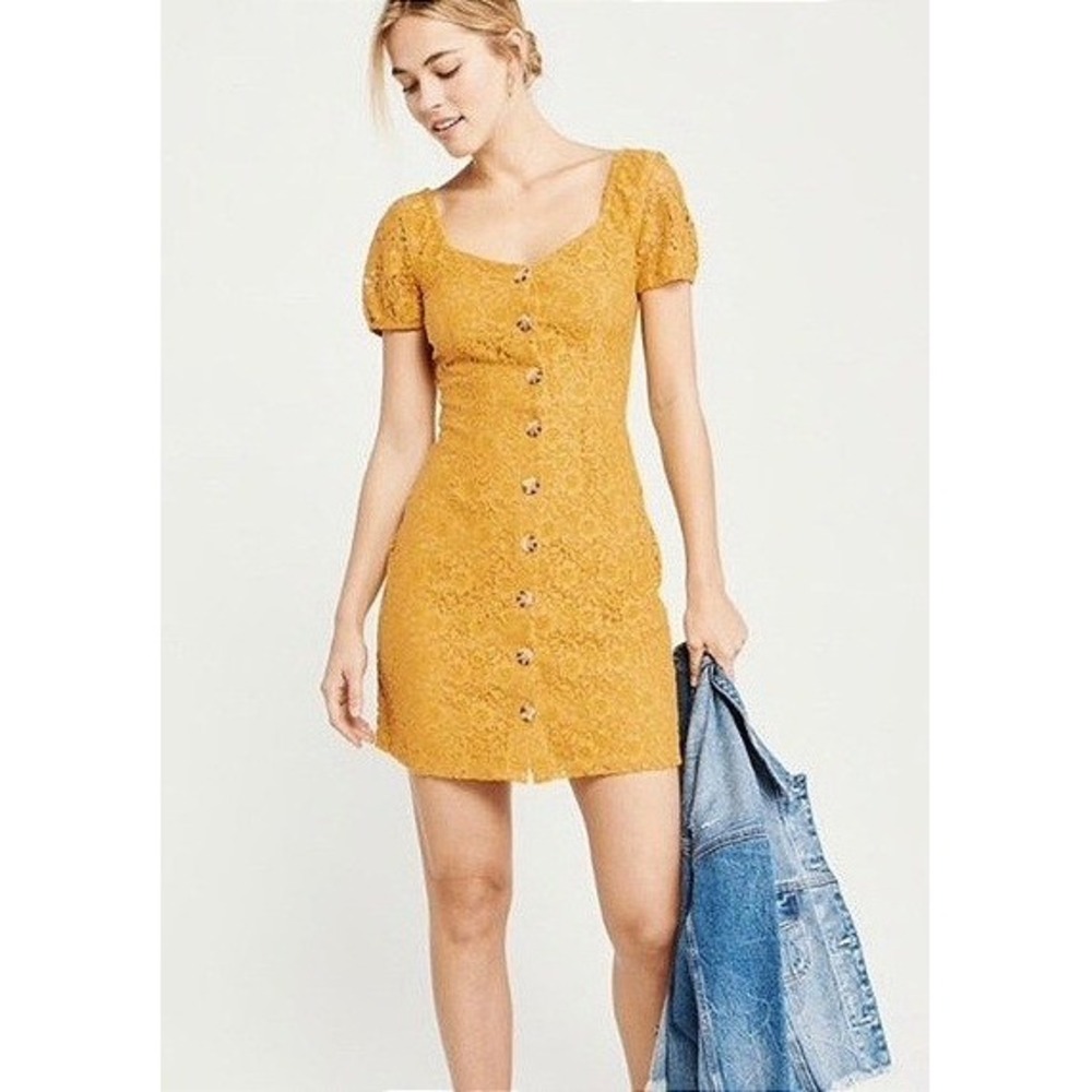 Abercrombie & Fitch Yellow Lace Button Front Mini Dress XS Cottagecore Boho‎